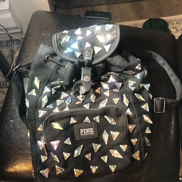 victory secret pink Women’s Black Mini Backpack with Large Gem Stones - Picture 7 of 16